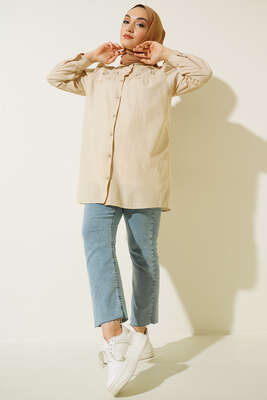 Taş Detaylı Flam Tunik Bej - Tunik