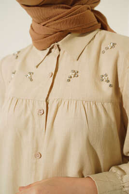 Taş Detaylı Flam Tunik Bej - Tunik