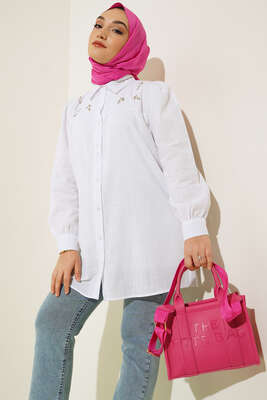 Taş Detaylı Flam Tunik Beyaz 