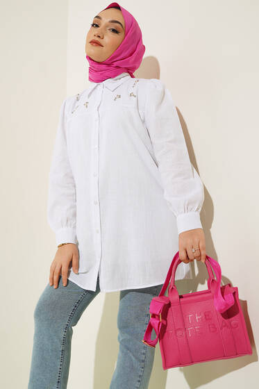 Taş Detaylı Flam Tunik Beyaz - Tunik