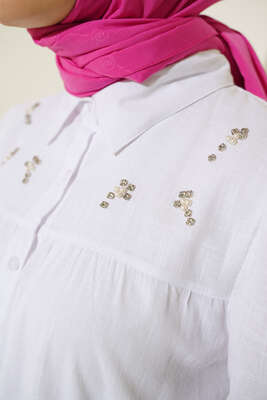 Taş Detaylı Flam Tunik Beyaz - Tunik