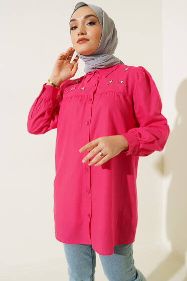 Taş Detaylı Flam Tunik Fusya - Tunik