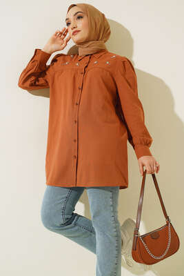 Taş Detaylı Flam Tunik Kahve 