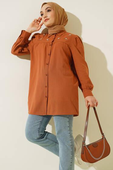 Taş Detaylı Flam Tunik Kahve - Tunik