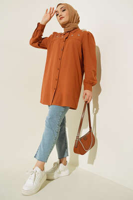 Taş Detaylı Flam Tunik Kahve - Tunik