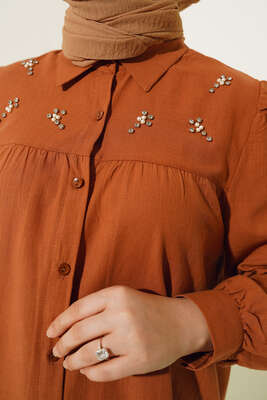 Taş Detaylı Flam Tunik Kahve - Tunik