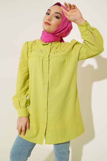 Taş Detaylı Flam Tunik Neon Yeşili - Tunik