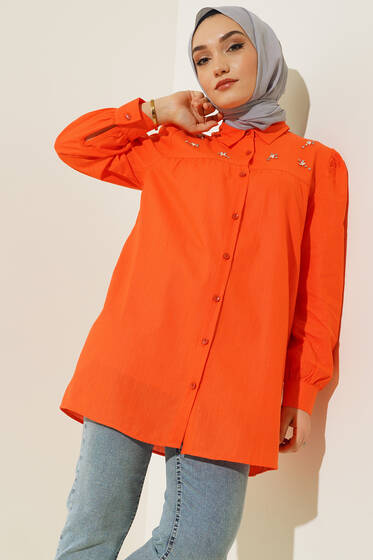 Taş Detaylı Flam Tunik Oranj - Tunik