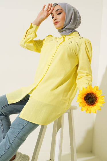 Taş Detaylı Flam Tunik Sarı - Tunik