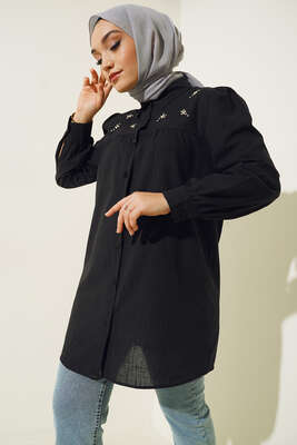 Taş Detaylı Flam Tunik Siyah - SAS