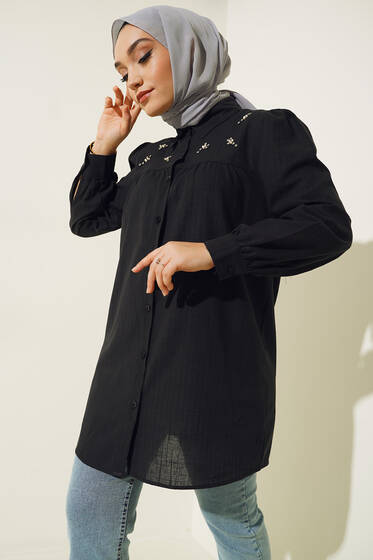 Taş Detaylı Flam Tunik Siyah - Tunik