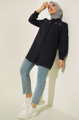 Taş Detaylı Flam Tunik Siyah - Tunik