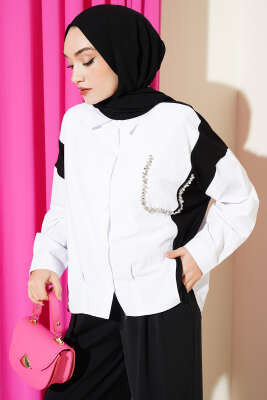 Taş Detaylı Garnili Gömlek Beyaz - SAS