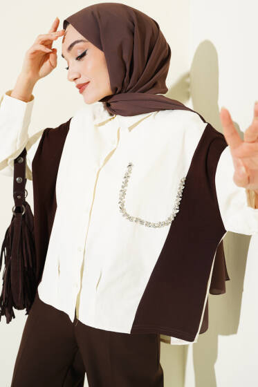 Taş Detaylı Garnili Gömlek Ekru - Gömlek