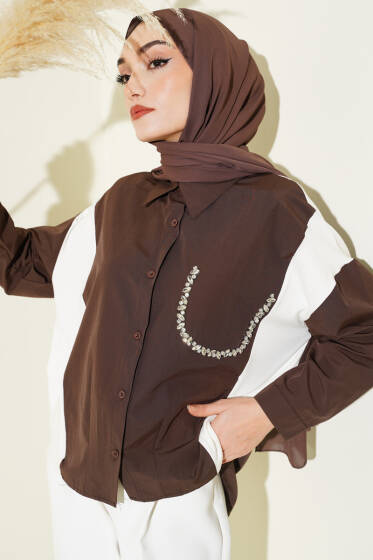 Taş Detaylı Garnili Gömlek Kahve - Gömlek