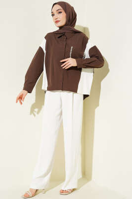 Taş Detaylı Garnili Gömlek Kahve - Gömlek