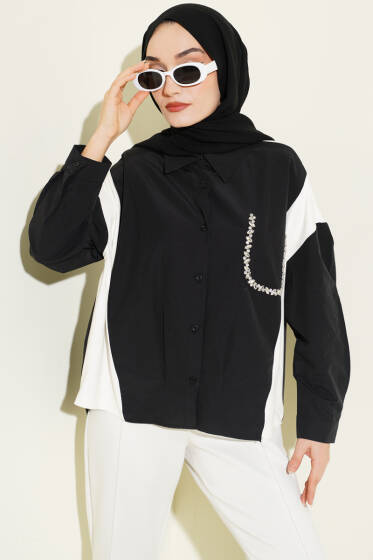 Taş Detaylı Garnili Gömlek Siyah - Gömlek