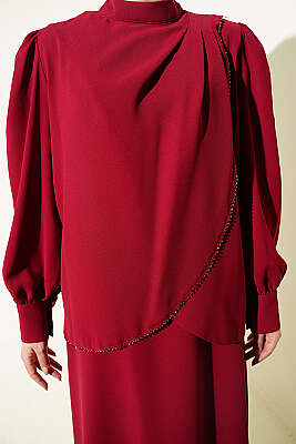 Taş Detaylı Jile İkili Takım Bordo - İkili Takım