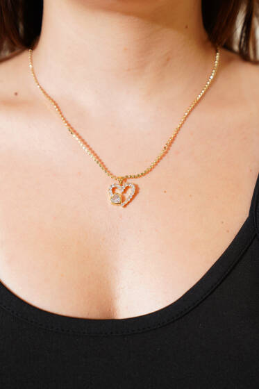 Taş Detaylı Kalpli Kolye Gold - Kolye