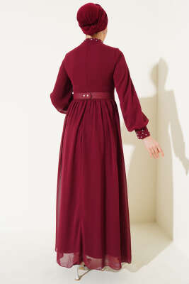 Taş Detaylı Kemerli Şifon Elbise Bordo - Tesettür Elbise