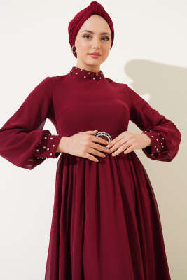 Taş Detaylı Kemerli Şifon Elbise Bordo - Tesettür Elbise