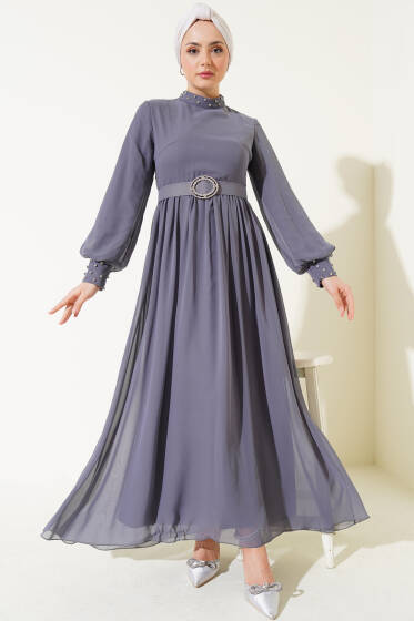 Taş Detaylı Kemerli Şifon Elbise Kayrak Grisi - Elbise