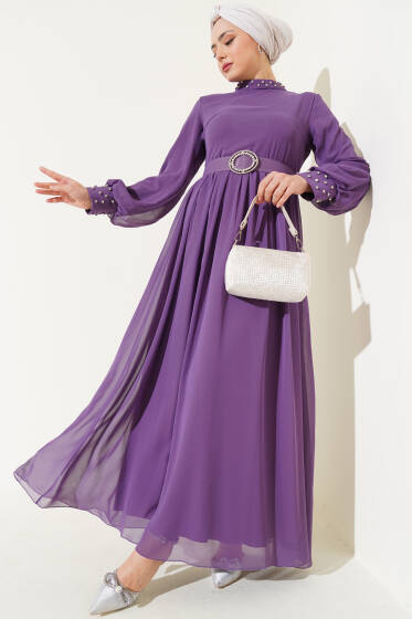 Taş Detaylı Kemerli Şifon Elbise Lila - 700-1000 TL Ürünler