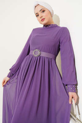 Taş Detaylı Kemerli Şifon Elbise Lila - 700-1000 TL Ürünler