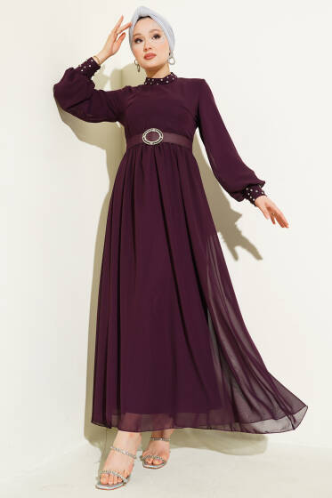 Taş Detaylı Kemerli Şifon Elbise Mürdüm - Tesettür Elbise