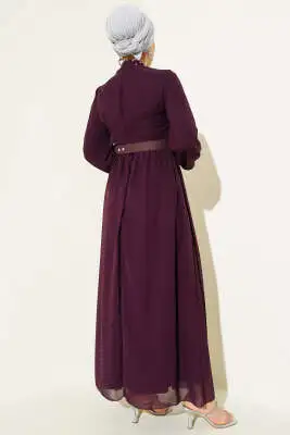 Taş Detaylı Kemerli Şifon Elbise Mürdüm - Tesettür Elbise