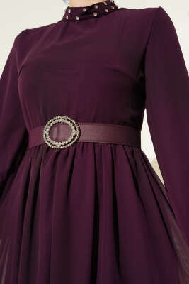 Taş Detaylı Kemerli Şifon Elbise Mürdüm - Tesettür Elbise