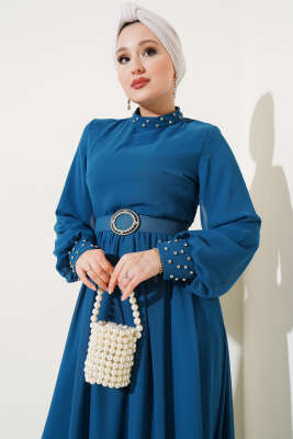 Taş Detaylı Kemerli Şifon Elbise Petrol - Tesettür Elbise