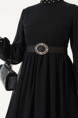 Taş Detaylı Kemerli Şifon Elbise Siyah - Tesettür Elbise