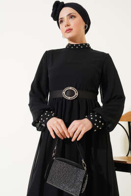 Taş Detaylı Kemerli Şifon Elbise Siyah - Tesettür Elbise