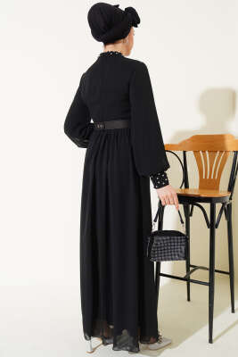 Taş Detaylı Kemerli Şifon Elbise Siyah - Tesettür Elbise