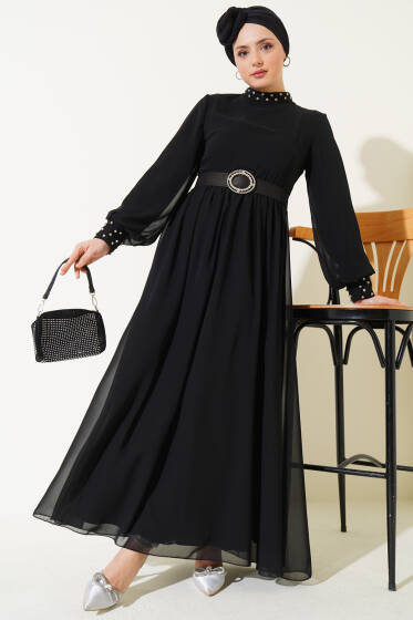 Taş Detaylı Kemerli Şifon Elbise Siyah - Tesettür Elbise