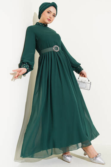 Taş Detaylı Kemerli Şifon Elbise Zümrüt - 700-1000 TL Ürünler