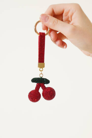 Taş Detaylı Kirazlı Anahtarlık Kırmızı - Anahtarlık