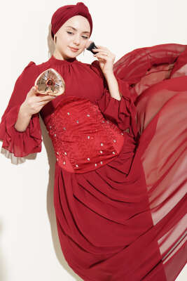 Taş Detaylı Korseli Abiye Elbise Bordo - CNR TEKSTİL