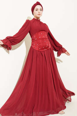 Taş Detaylı Korseli Abiye Elbise Bordo - Elbise