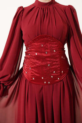 Taş Detaylı Korseli Abiye Elbise Bordo - Elbise