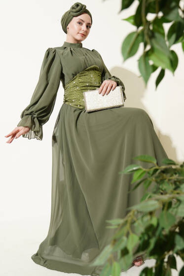 Taş Detaylı Korseli Abiye Elbise Haki - Elbise