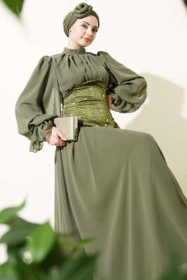 Taş Detaylı Korseli Abiye Elbise Haki - Elbise