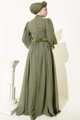 Taş Detaylı Korseli Abiye Elbise Haki - Elbise