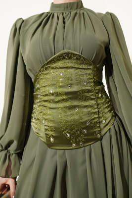 Taş Detaylı Korseli Abiye Elbise Haki - Elbise