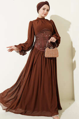 Taş Detaylı Korseli Abiye Elbise Kahve - CNR TEKSTİL