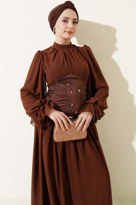 Taş Detaylı Korseli Abiye Elbise Kahve - Elbise