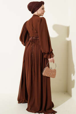 Taş Detaylı Korseli Abiye Elbise Kahve - Elbise