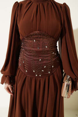 Taş Detaylı Korseli Abiye Elbise Kahve - Elbise