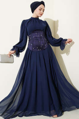 Taş Detaylı Korseli Abiye Elbise Lacivert - CNR TEKSTİL
